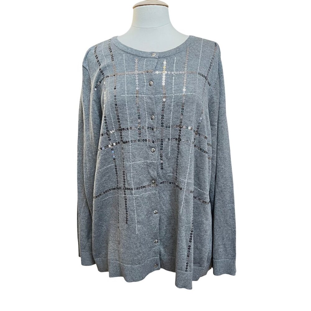 CJ Banks Womens Sequin Accent‎ Gray Button Up Front Cardigan Sweater 2X  - NWT